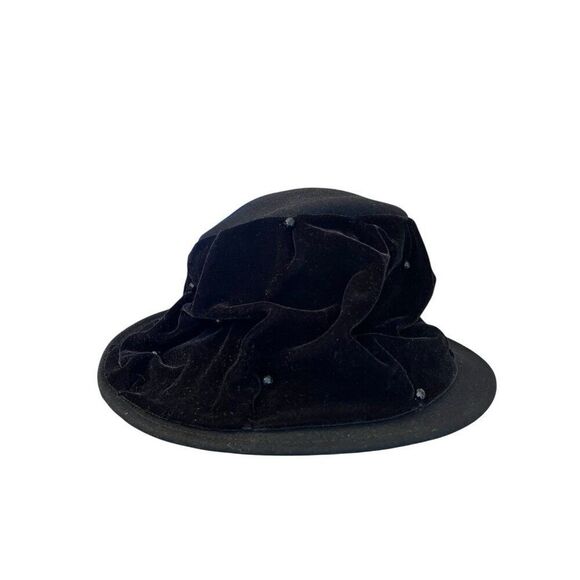 Vintage Betmar Womens Black Wool Felt Fedora Hat Velvet Beaded Detail Wide Brim - Picture 2 of 8